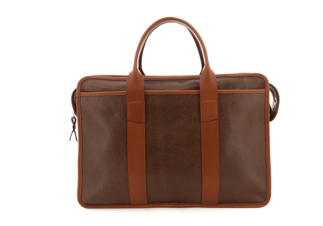 Bound Edge Zip-Top Briefcase - Toffee / Cognac Trim - Tumbled Leather