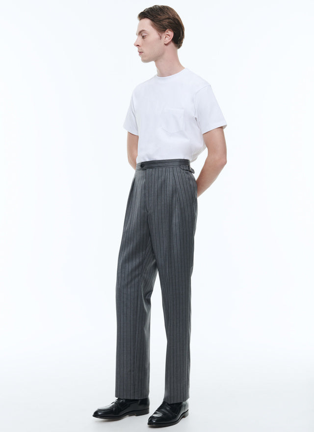 Wool twill striped pleated trousers