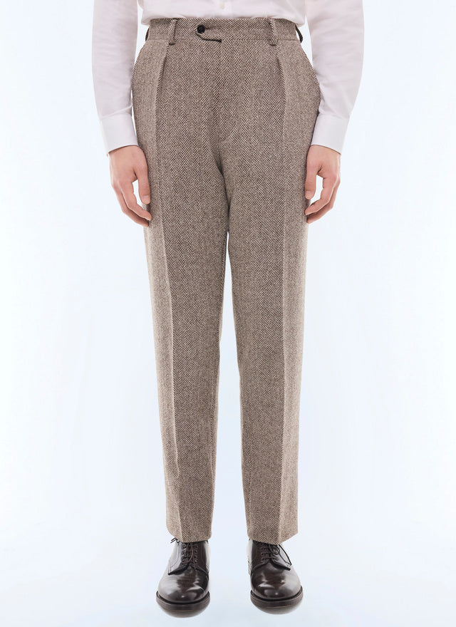Pleated Straight Herringbone Pants