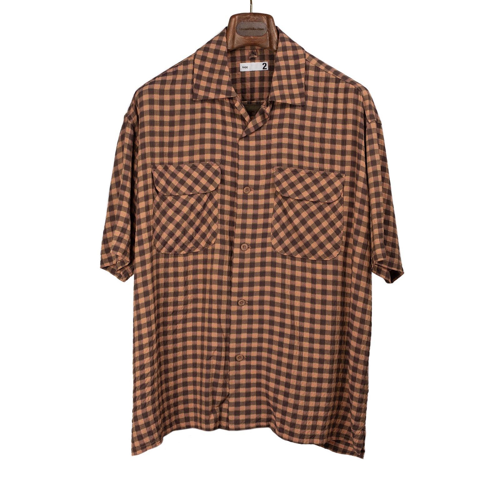 Camp Collar Short Sleeve Shirt In Apricot And Brown Gingham Rayon