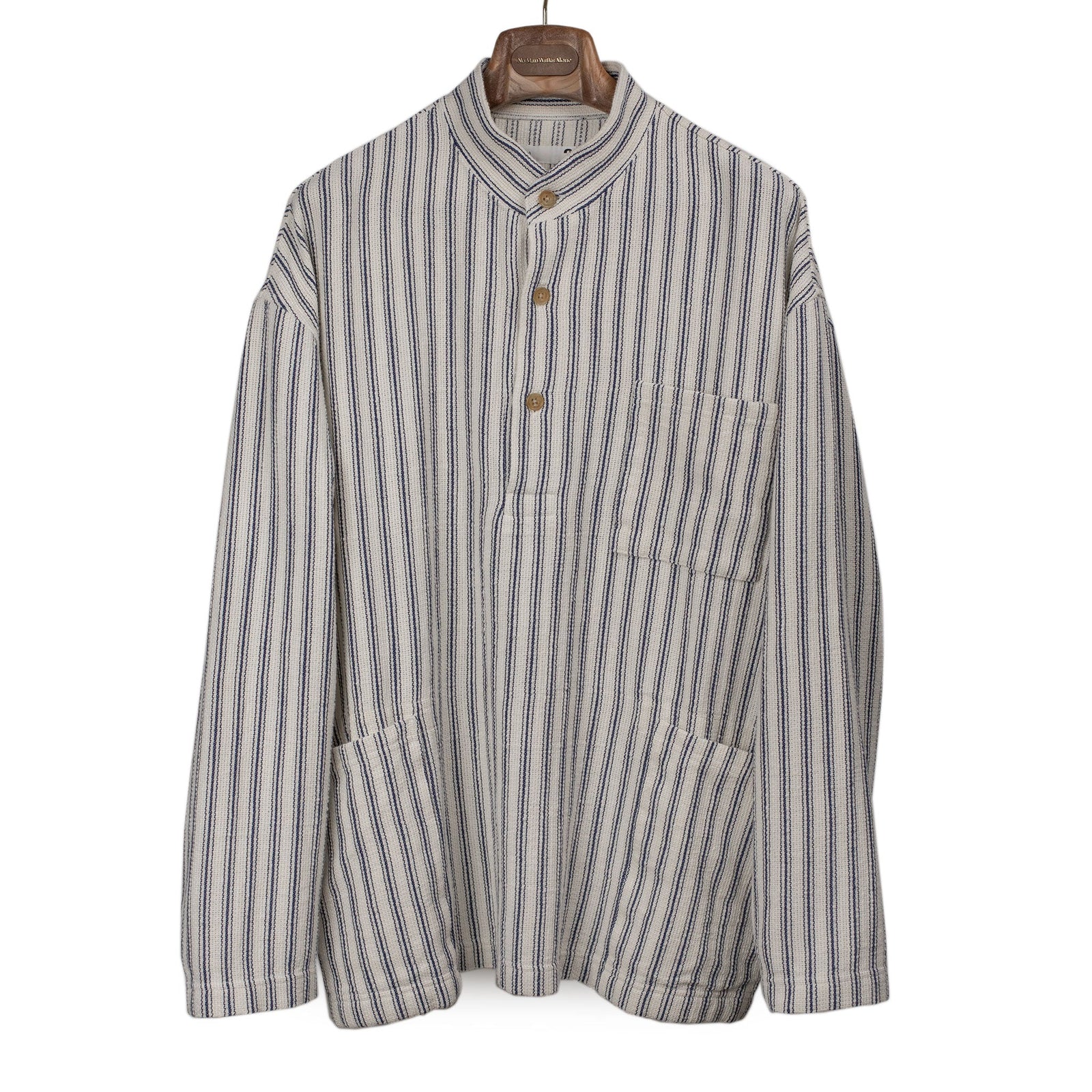 Stand Collar Popover In And White Striped Loosely Woven Cotton