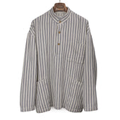 Stand collar popover in navy and white striped loosely woven cotton