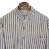 Stand Collar Popover In And White Striped Loosely Woven Cotton