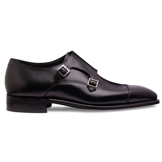 Tudor Double Buckle Monk Shoe in Black Calf Leather