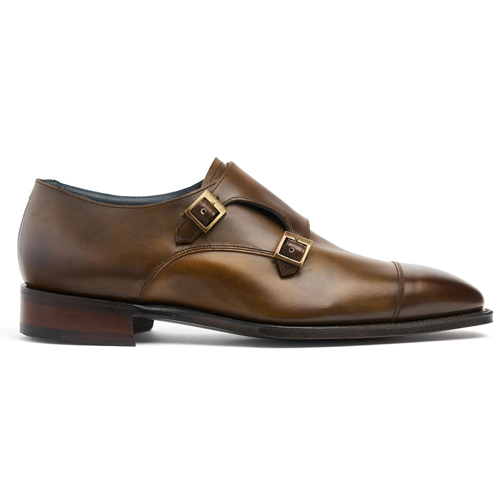 Tudor Double Buckle Monk Shoe In Bronzed Calf Leather