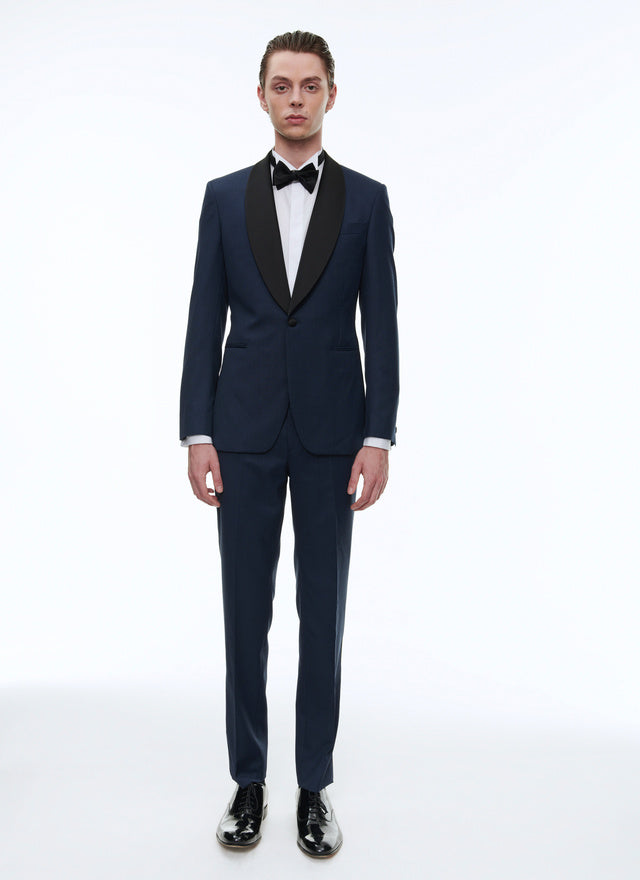 Navy blue wool tuxedo with micro design