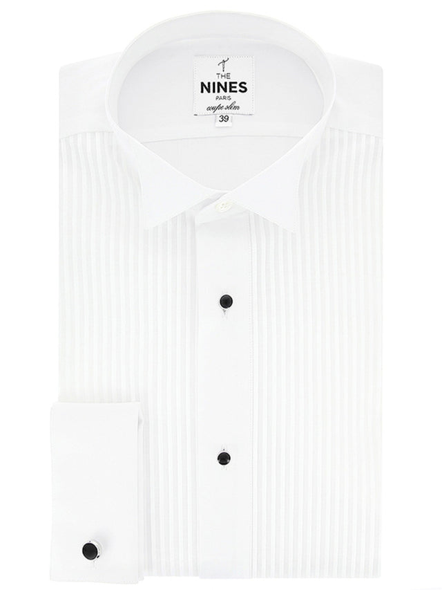 Tuxedo shirt with pleated front wing collar small French cuff