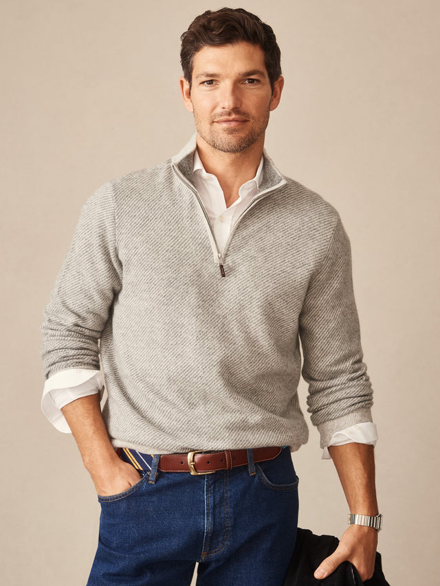 Lt_Gray/Gray Jacquard Twain Cashmere 1/4 Zip | Men's Sweaters | J.McLaughlin
