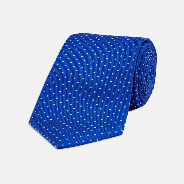 Slim Royal Blue and White Small Spot Printed Silk Tie