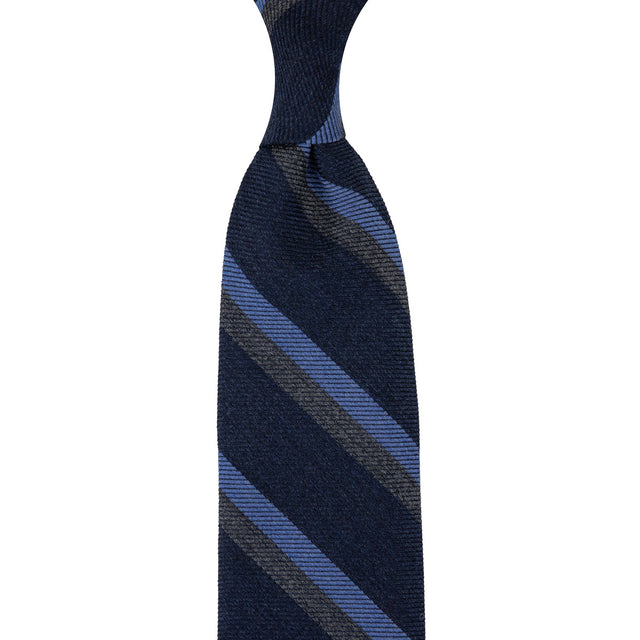 Japanese Striped Wool Tie - Navy - Hand-Rolled