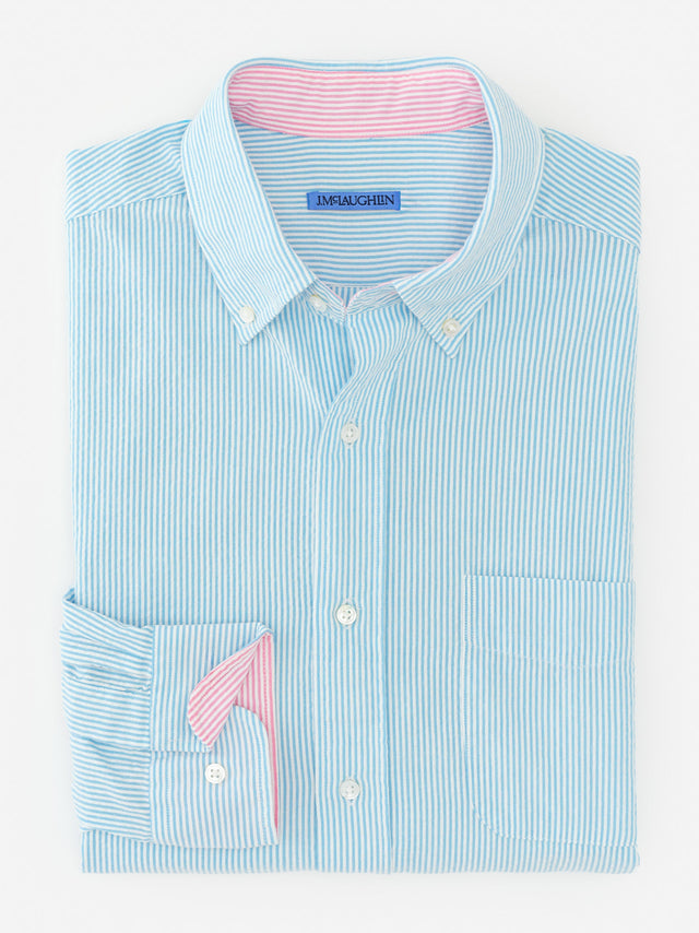 Teal/White Stripe University Classic Fit Seersucker Shirt | Men's Shirts | J.McLaughlin
