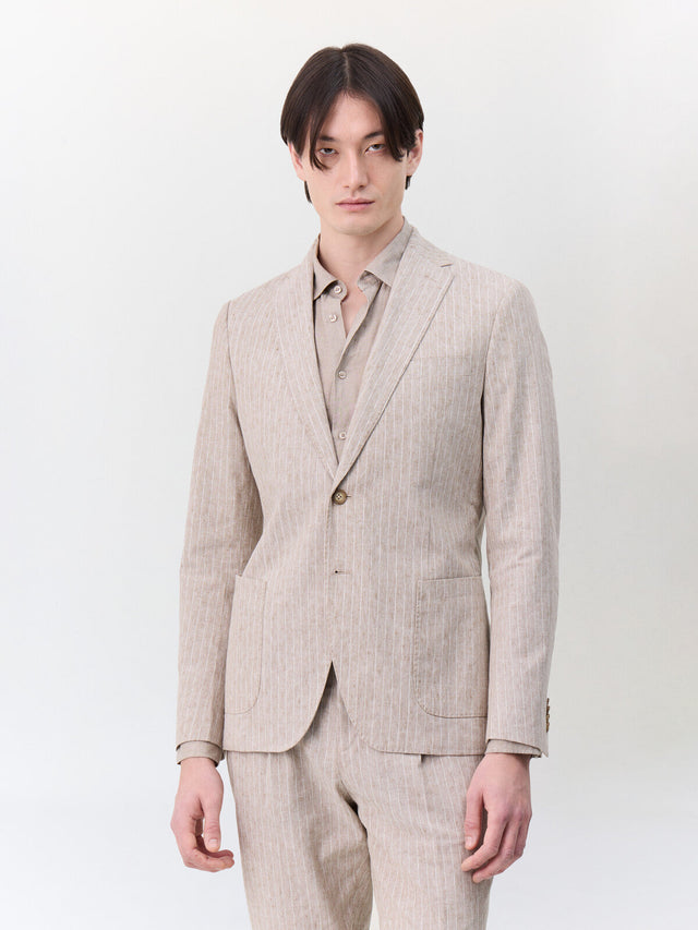 Veste coordonnable regular en lin et coton marron clair à rayures