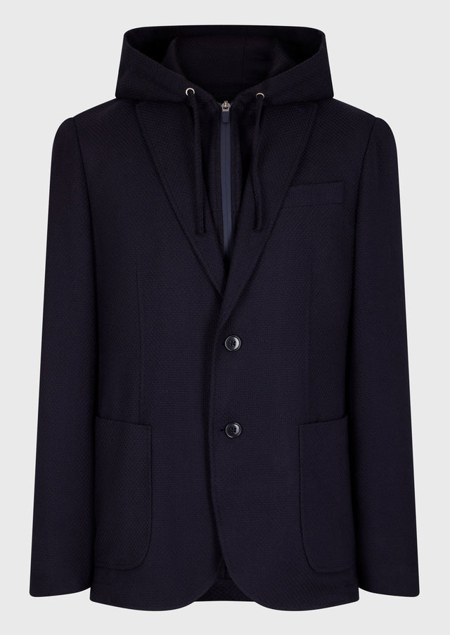 Veste casual Regular en coton bio et polyamide recyclé unis bleu marine à parementure capuche