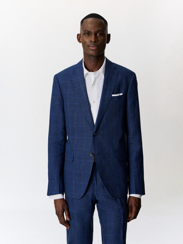 Veste coordonnable slim en lin bleu indigo Prince de Galles