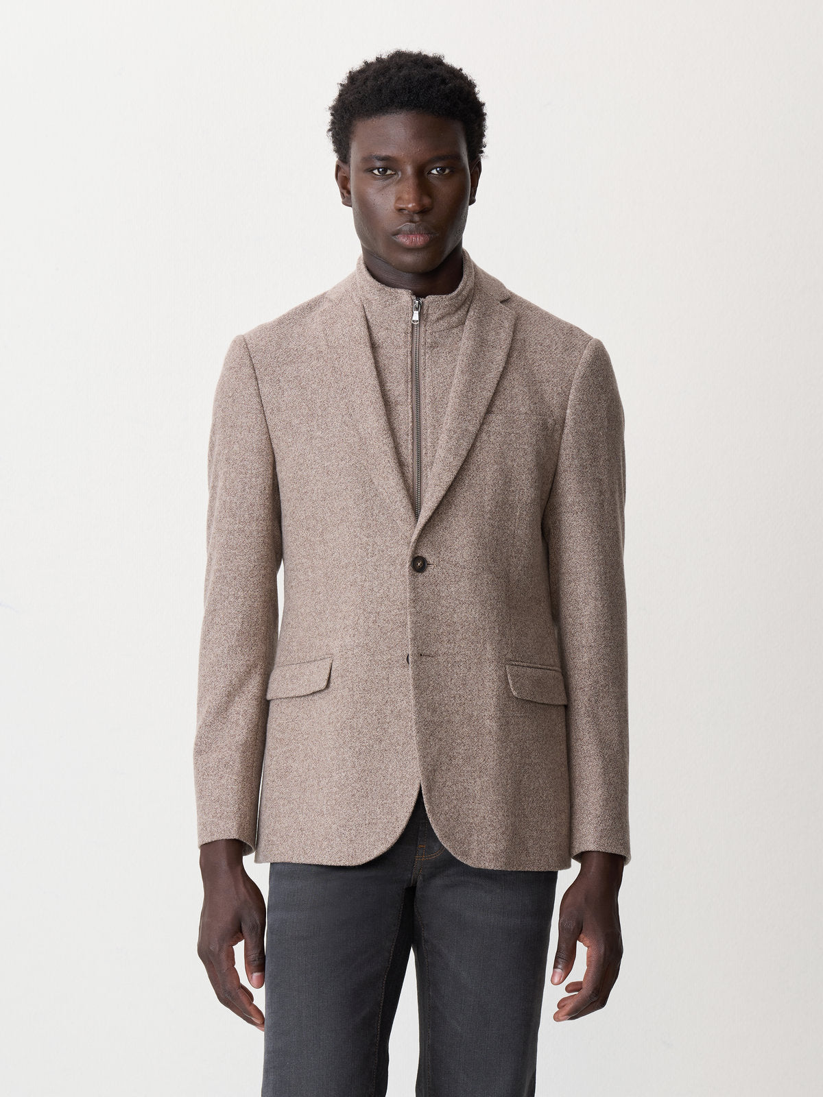 Veste Regular En Laine Et Coton Marron Parementure Amovible