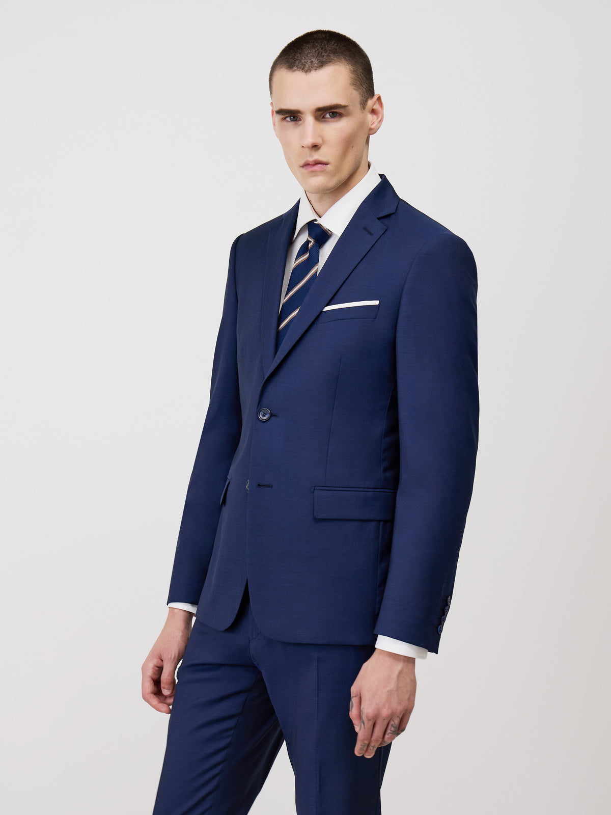 Veste De Costume Regular En Laine Marzotto Unie Bleu Indigo