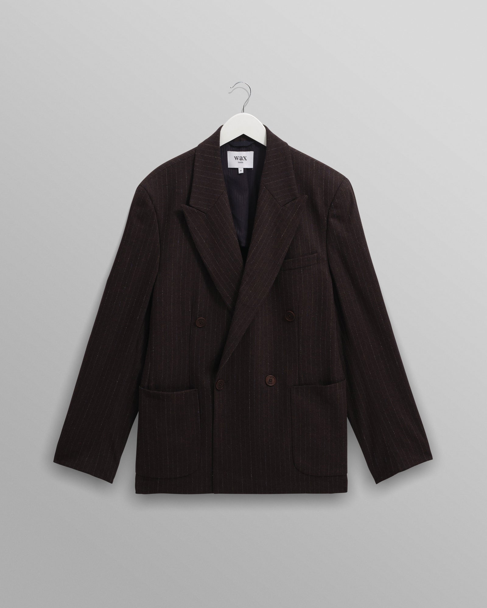 Vigo Dark Brown Double Breasted Wool Pinstripe Blazer