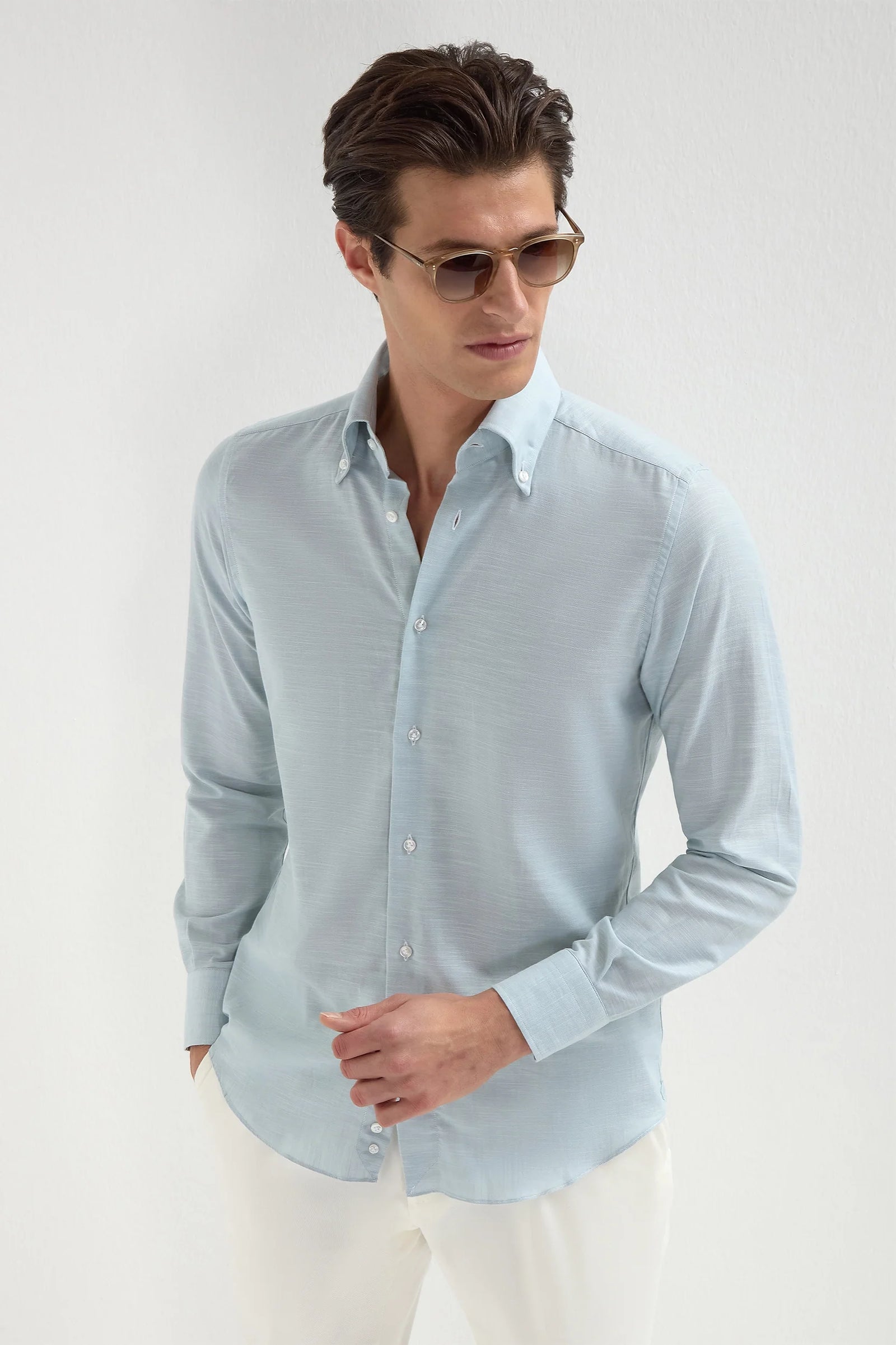 Water Green Chambray Button Down Shirt Made In Italy