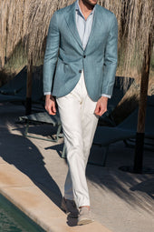 Water Green Herringbone Jacket In Wool Silk And Linen Made In Italy
