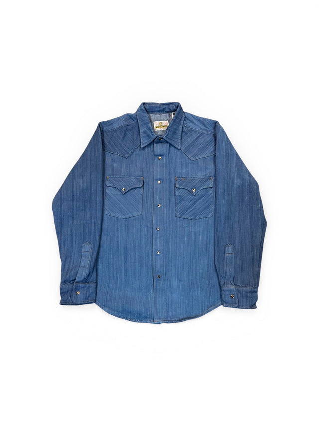 Hand loomed hank dyed Natural indigo Western selvedge denim shirt with brown Trocus Pearl snaps