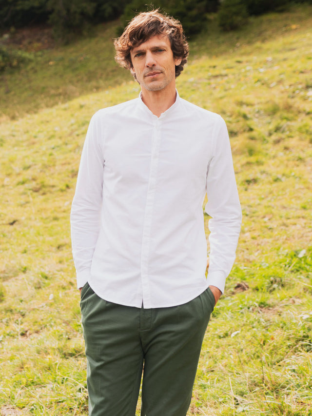 White brushed oxford mandarin collar shirt
