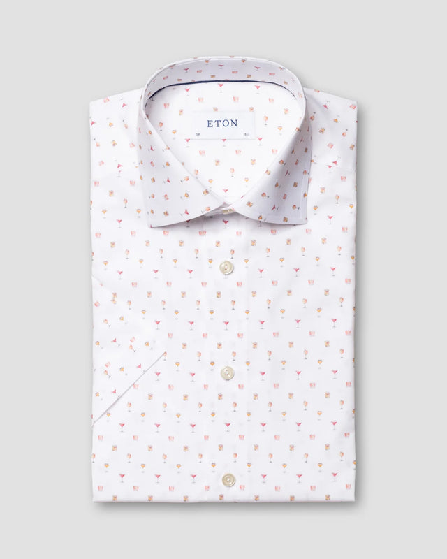 White Cocktail Print Poplin Shirt - Short Sleeved - Eton