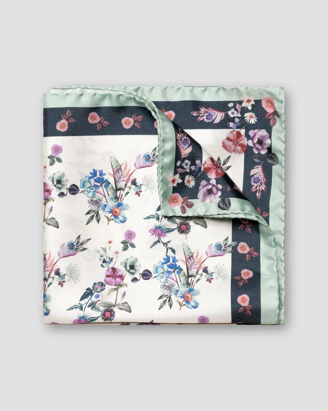 White Floral Print Silk Pocket Square