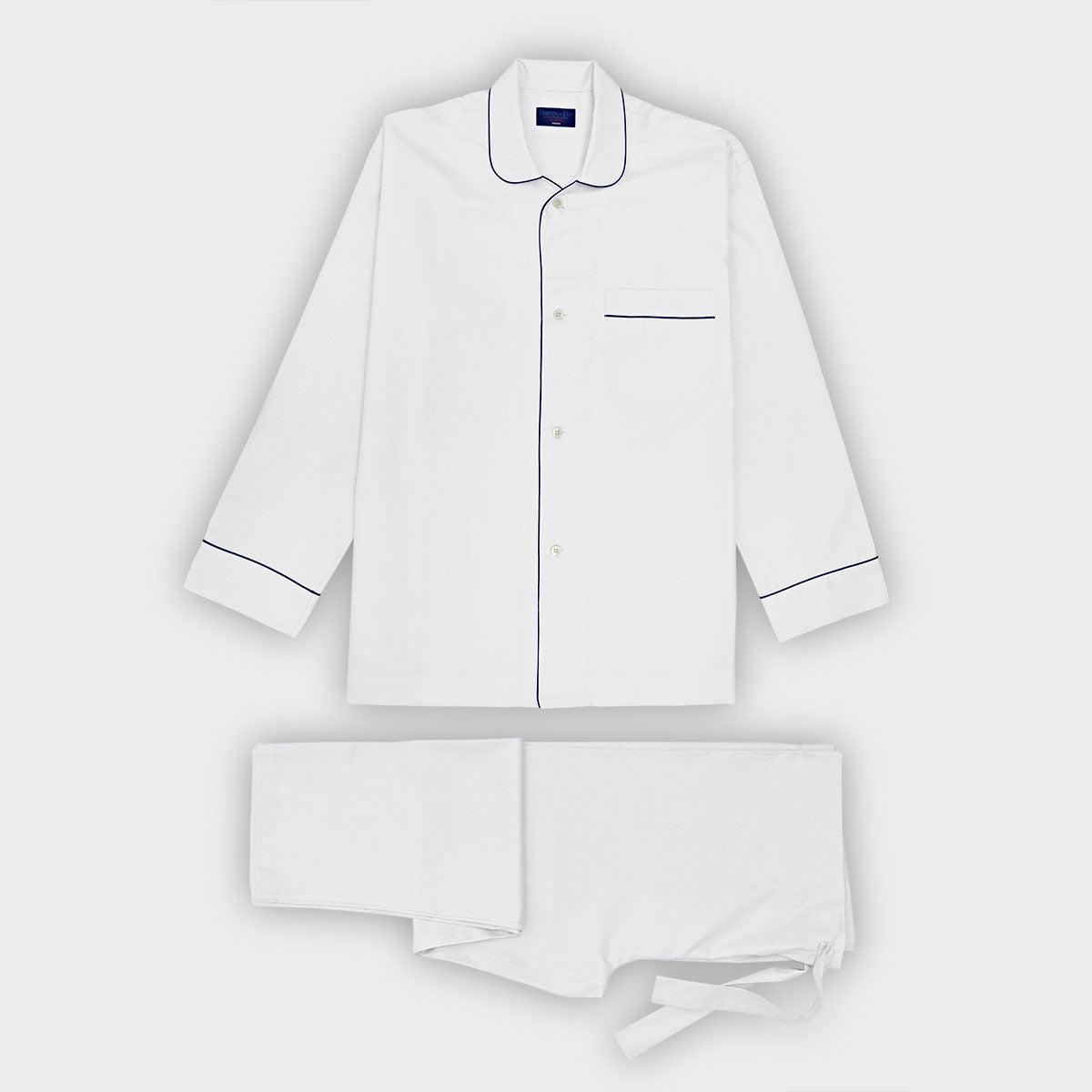 Herringbone Cotton Pyjamas With Navy Piping