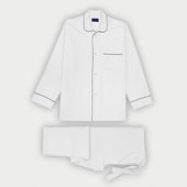White Herringbone Cotton Pyjamas with Navy Piping