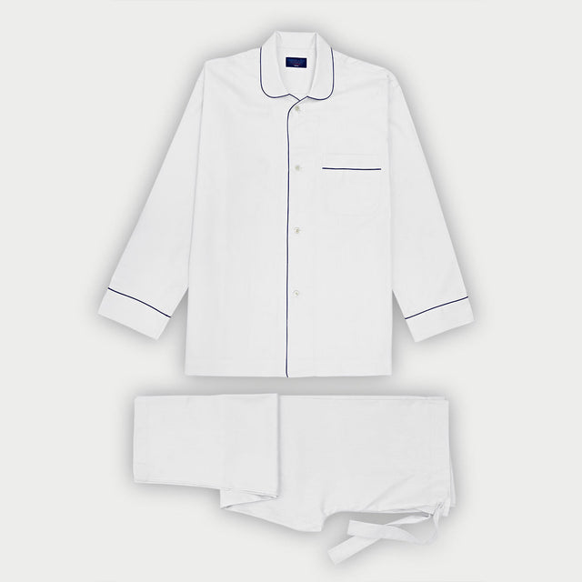 White Herringbone Cotton Pyjamas with Navy Piping