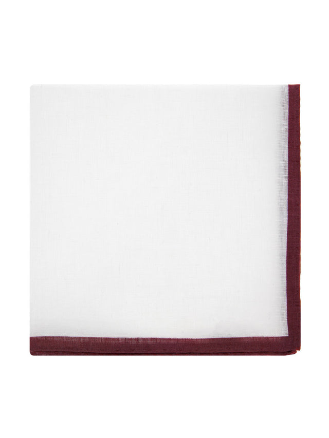 White linen pocket square with burgundy edge