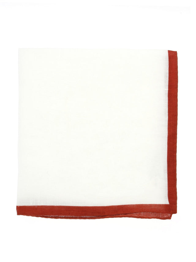 White linen pocket square with clay-colored hem