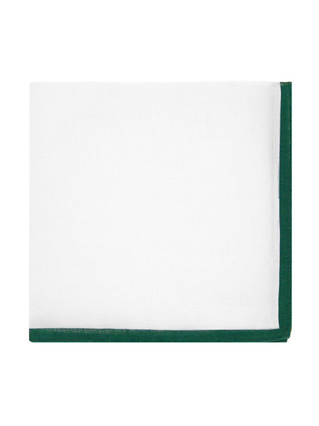 White linen pocket square with green edge