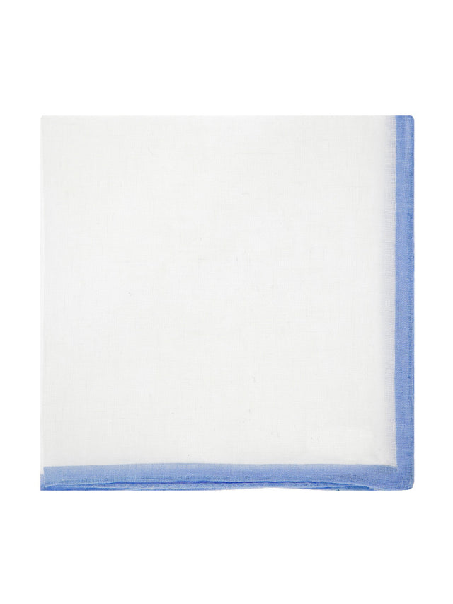 White linen pocket square with light blue edge