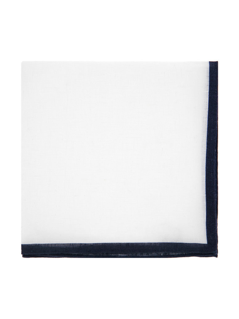 Linen Pocket Square With Navy Blue Edge