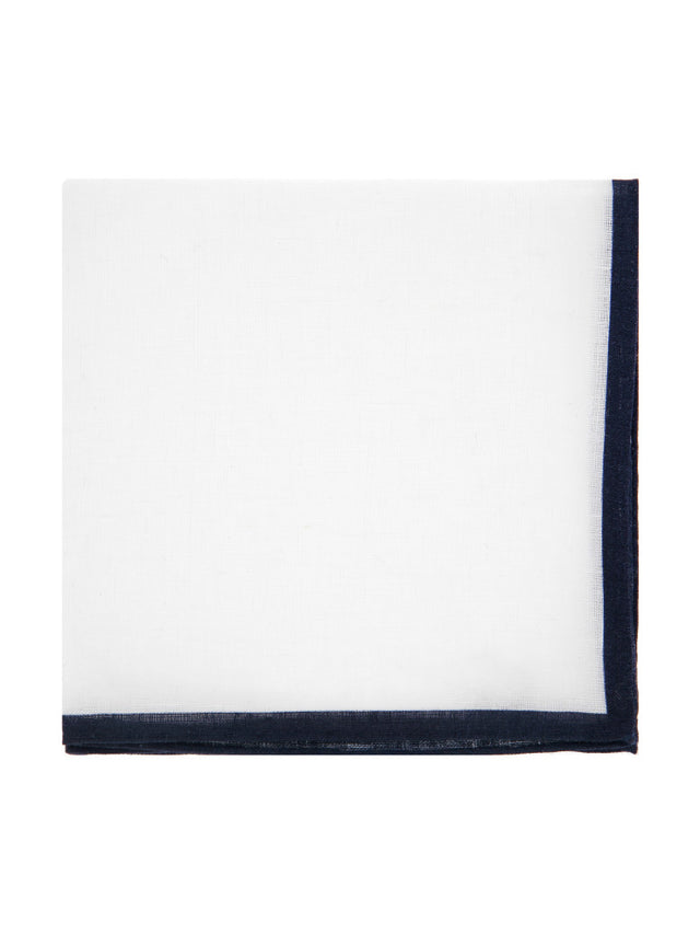 White linen pocket square with navy blue edge