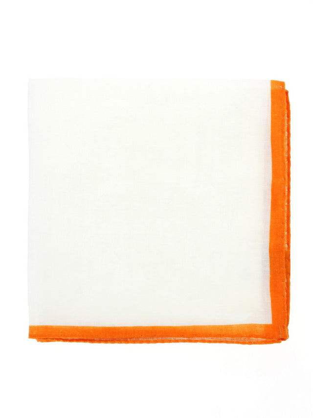 White linen pocket square with orange hem