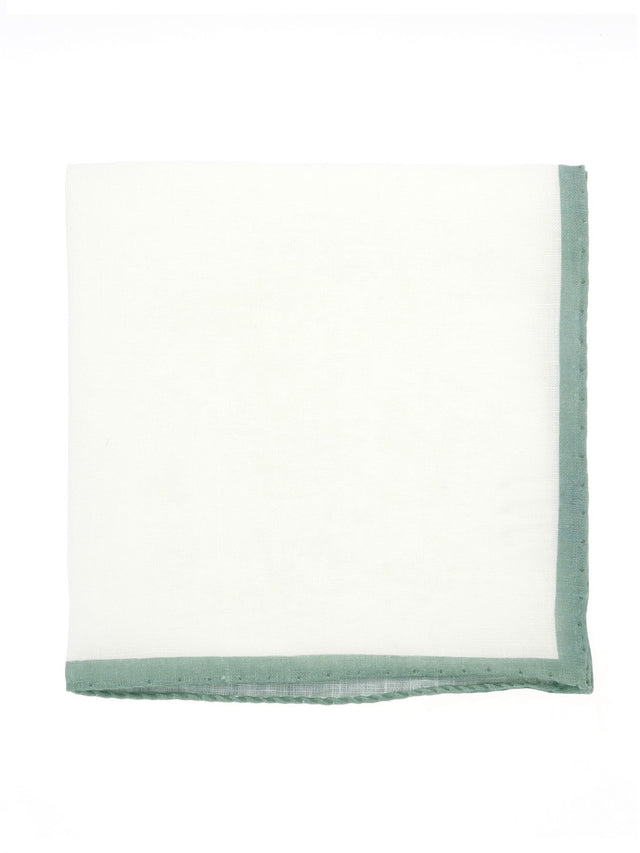 White linen pocket square with sage green hem