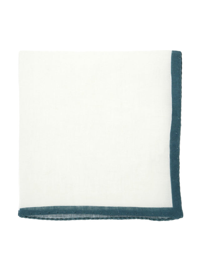 White linen pocket square with thyme green hem