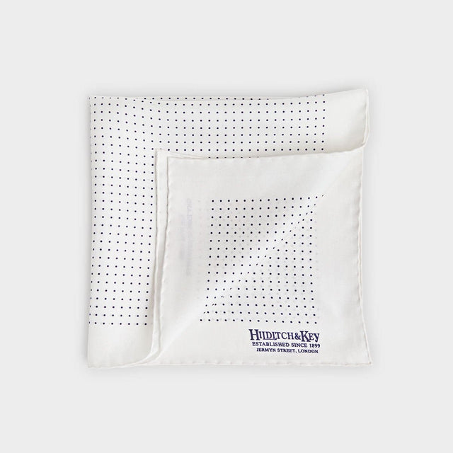 White & Navy Small Spot Silk Pocket Square