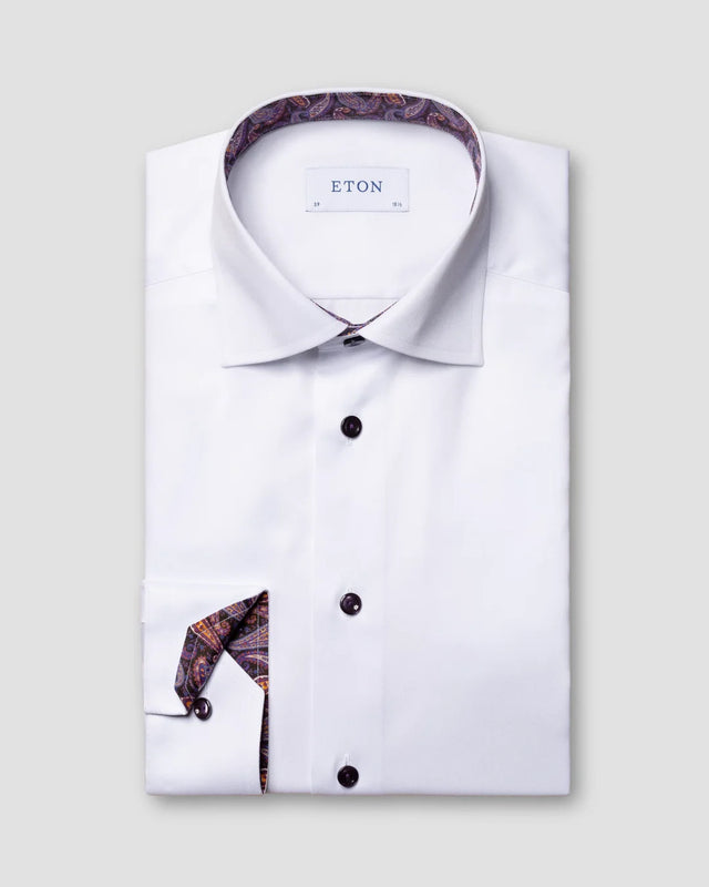 Weißes Signature-Twill-Hemd aus Bio-Baumwolle - Paisley-Kontrastdetails - Eton
