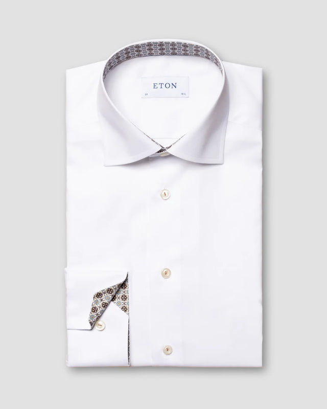 Weißes Signature-Twill-Hemd aus Bio-Baumwolle - Medaillon-Kontrastdetails - Eton