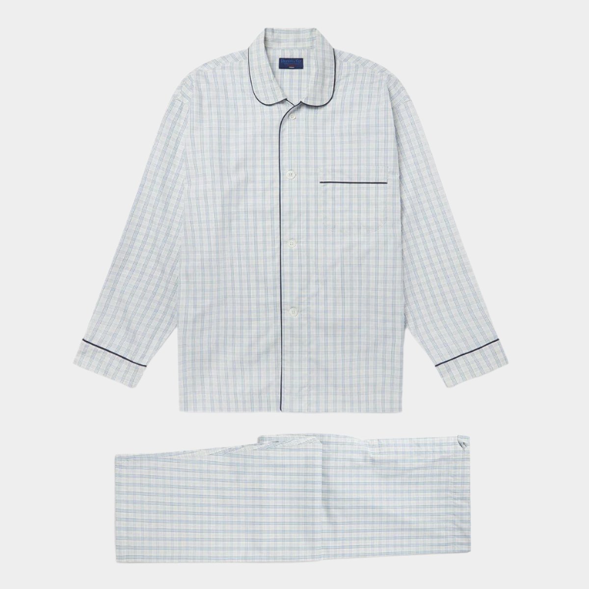 Blue Check Cotton Pyjamas With Navy Piping