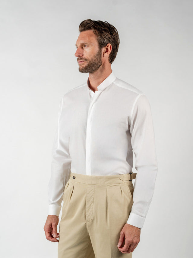 White wrinkle resistant reverse collar shirt