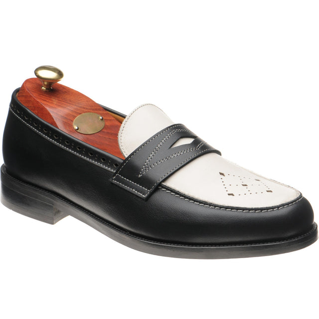 Wildsmith Model 110 mens two-tone rubber-soled loafers in black and off white calf