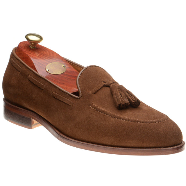 Wildsmith Model 82 mens tasselled loafers in dark tan suede