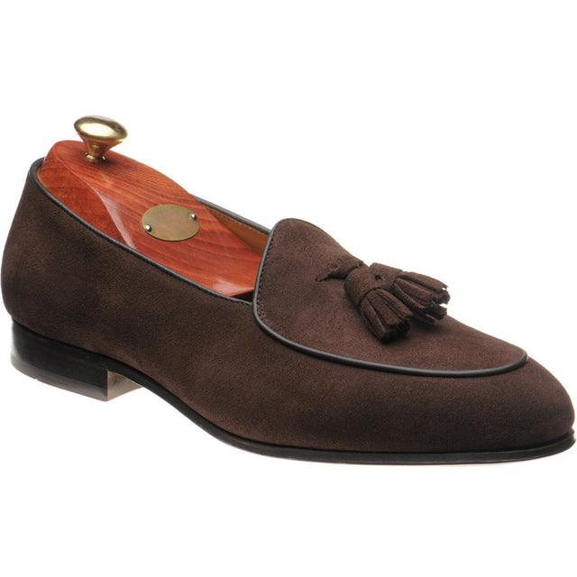Wildsmith Model 88 mens tasselled loafers in dark brown suede