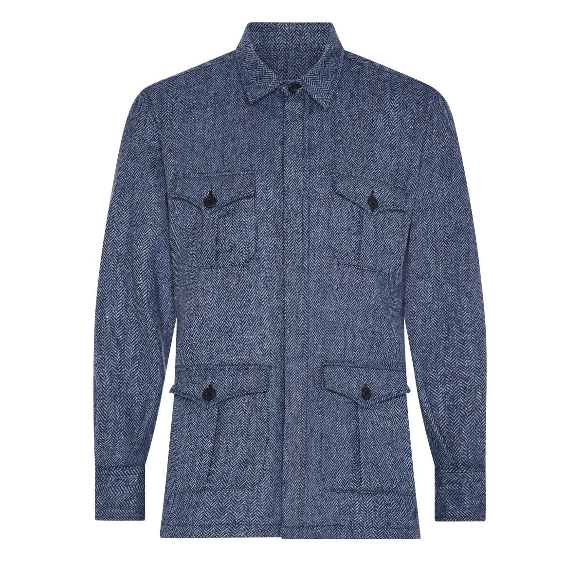 Herringbone Wool Tweed Button Cuff Safari Shirt In