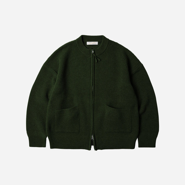 WOOL DECK ZIP UP CARDIGAN - FOREST GREEN