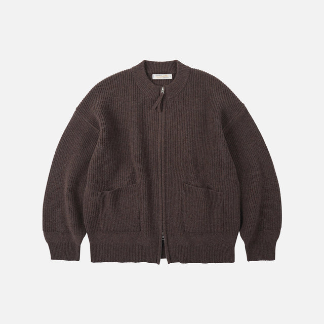 WOOL DECK ZIP UP CARDIGAN - CHOCO BROWN